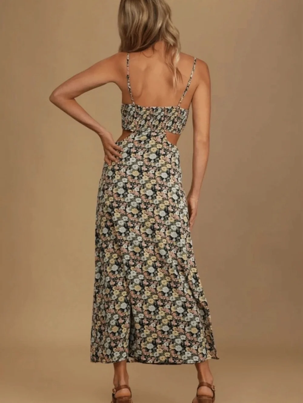 Lulu's Black Floral Cutout Midi Dress with Pastel Blooms - Picture 3 of 14
